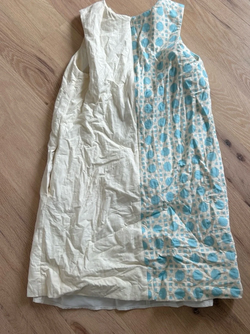 Sleeveless Light Blue & Cream Mini Dress with Gold Accent Buttons - Picture 5 of 5